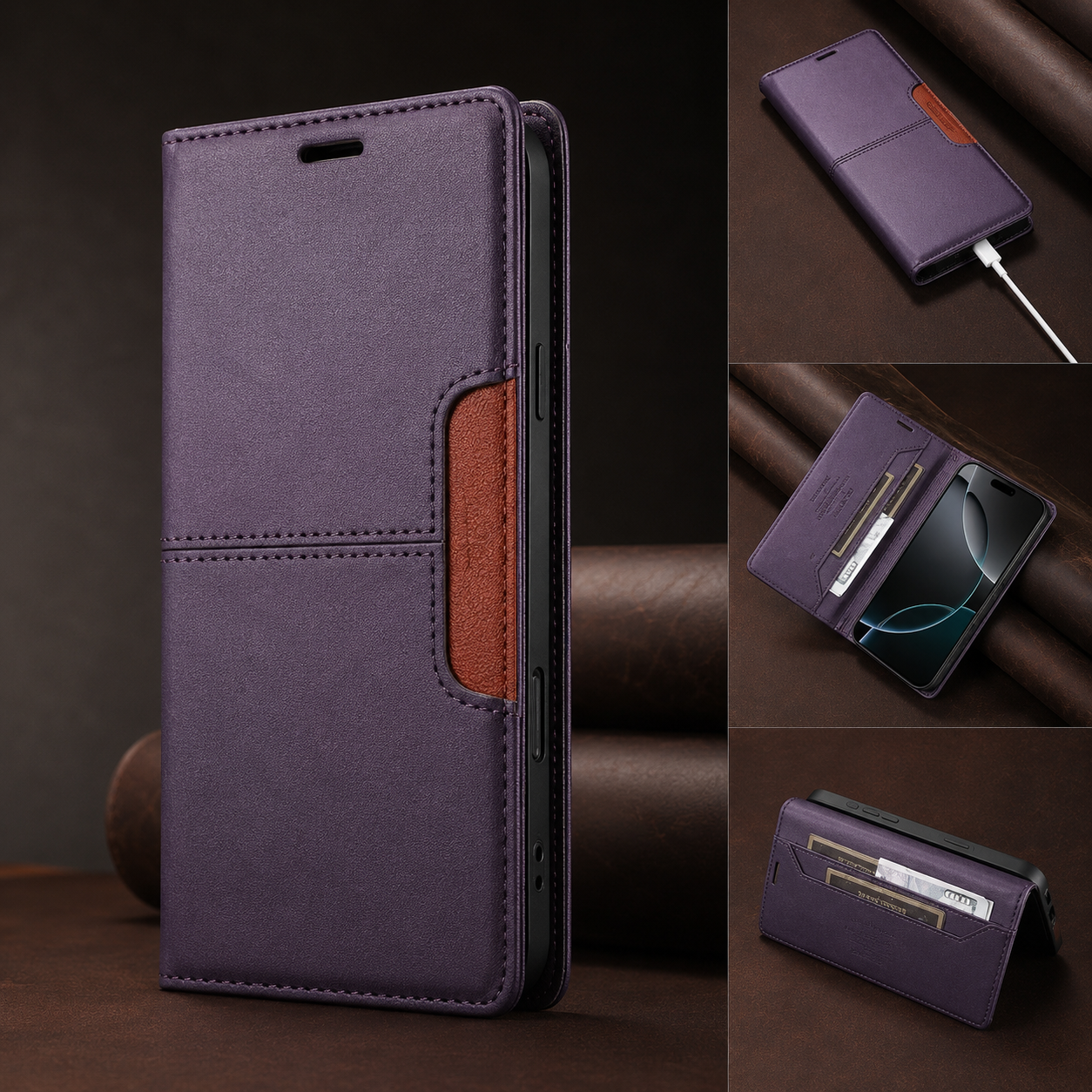 Premium iPhone Case Wallet Cover RFID Protection Card Holder Shockproof Protective Cover Magnetic Closure Anti Fingerprint Leather Design