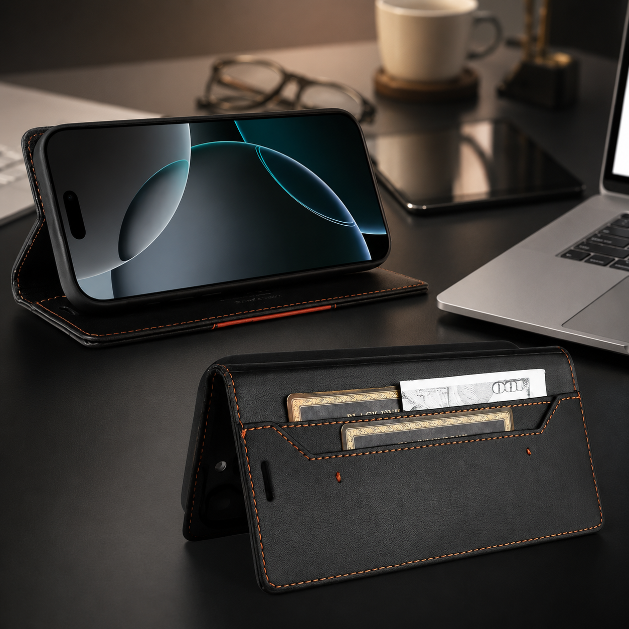 Premium iPhone Case Wallet Cover RFID Protection Card Holder Shockproof Protective Cover Magnetic Closure Anti Fingerprint Leather Design