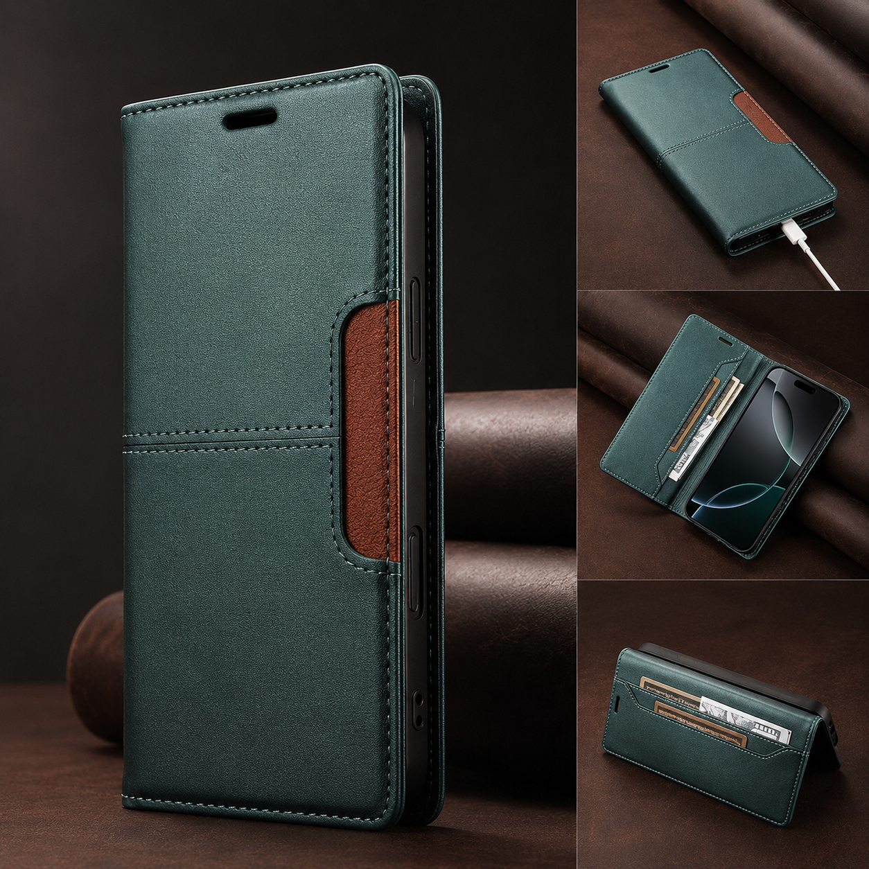 Premium iPhone Case Wallet Cover RFID Protection Card Holder Shockproof Protective Cover Magnetic Closure Anti Fingerprint Leather Design