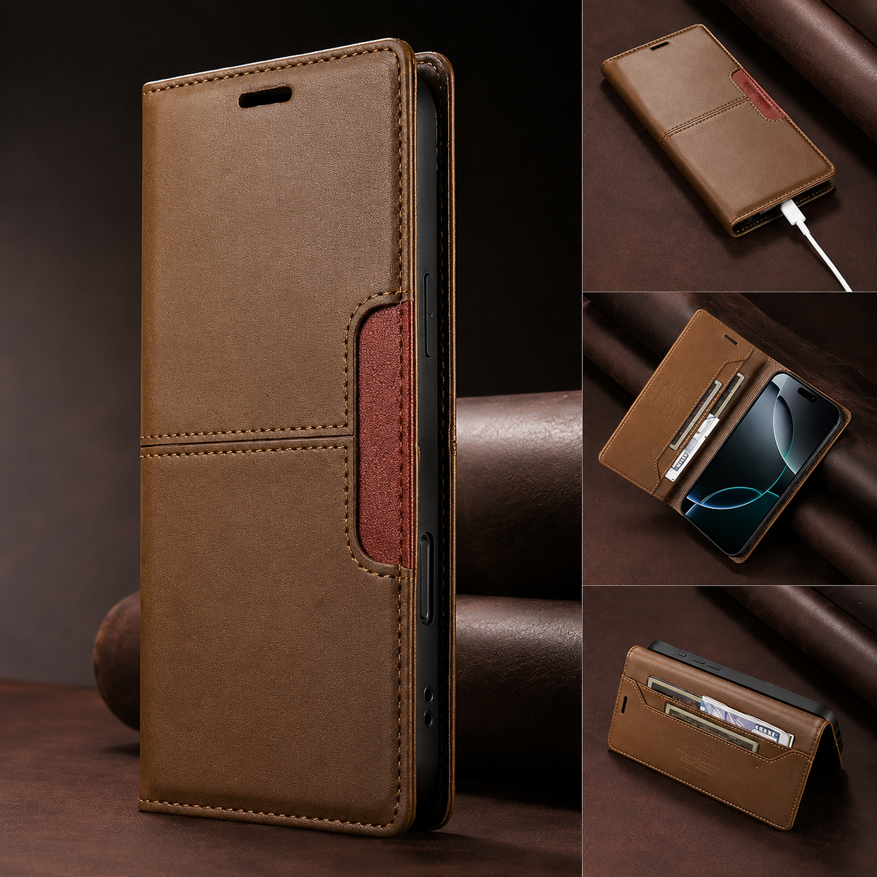 Premium iPhone Case Wallet Cover RFID Protection Card Holder Shockproof Protective Cover Magnetic Closure Anti Fingerprint Leather Design