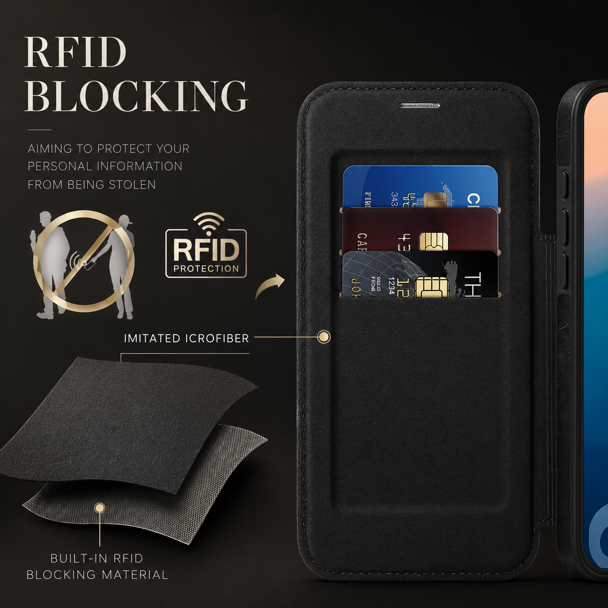 Premium iPhone Case Wallet Cover RFID Protection Card Holder Shockproof Protective Cover Magnetic Closure Wireless Charging Compatible Design