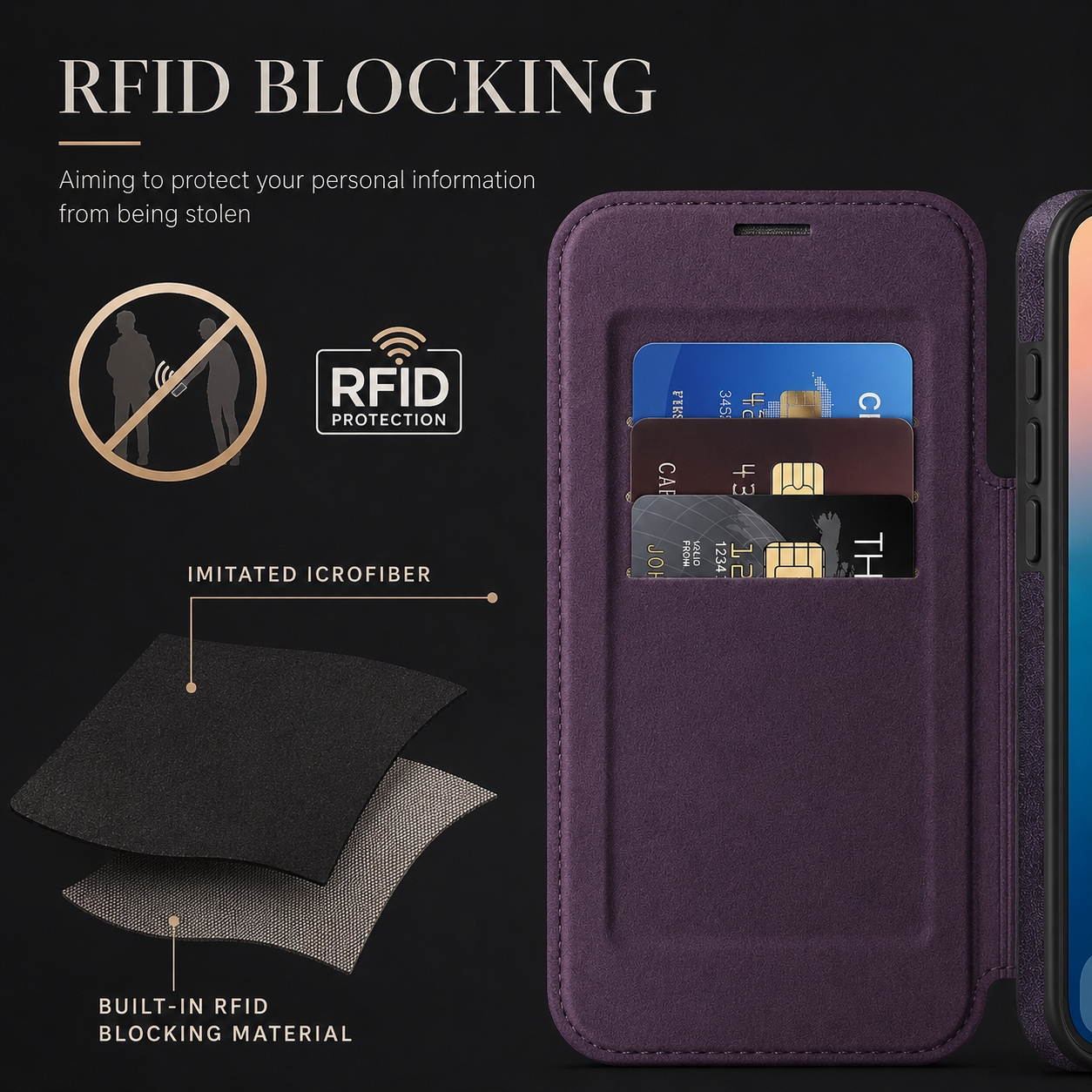 Premium iPhone Case Wallet Cover RFID Protection Card Holder Shockproof Protective Cover Magnetic Closure Wireless Charging Compatible Design