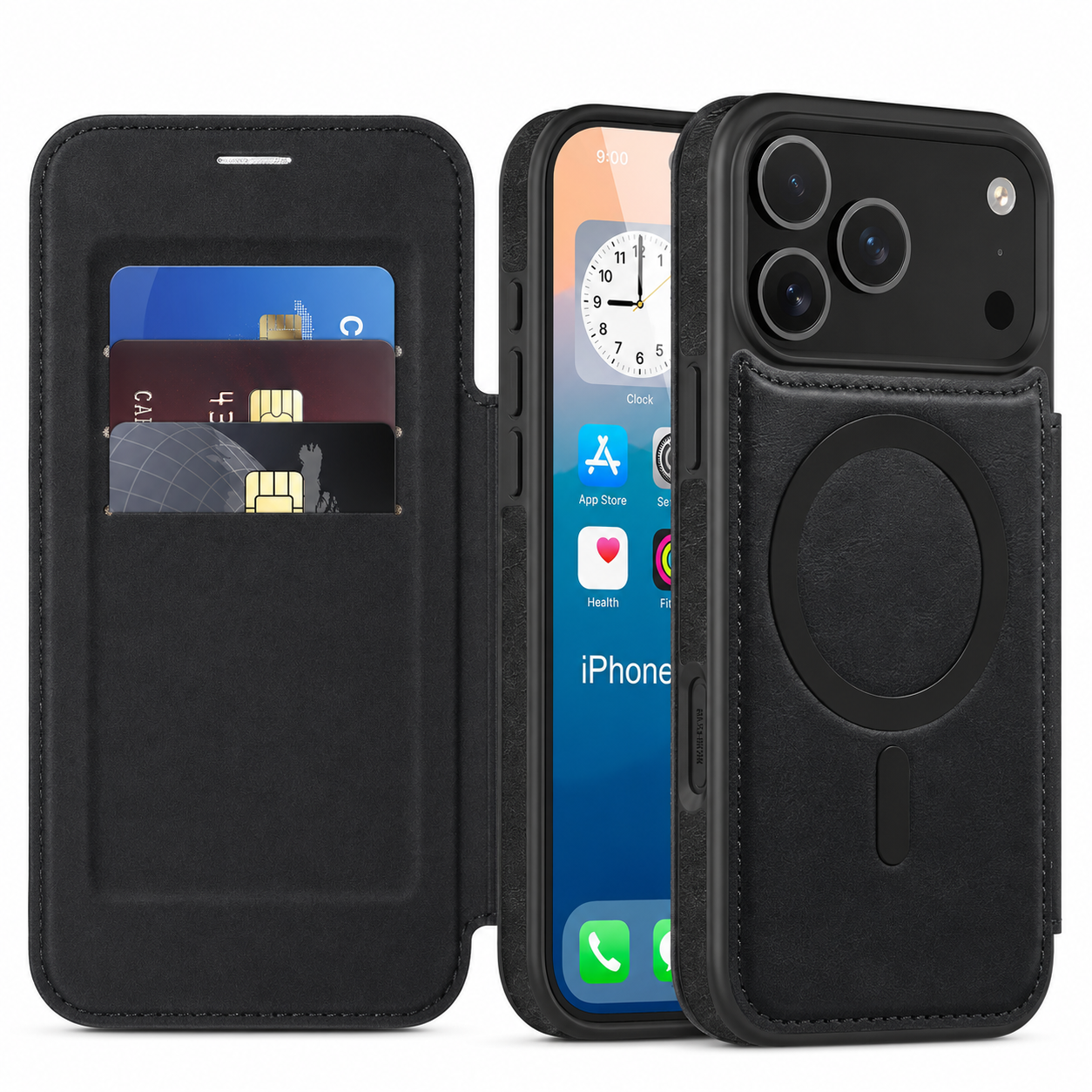Premium iPhone Case Wallet Cover RFID Protection Card Holder Shockproof Protective Cover Magnetic Closure Wireless Charging Compatible Design