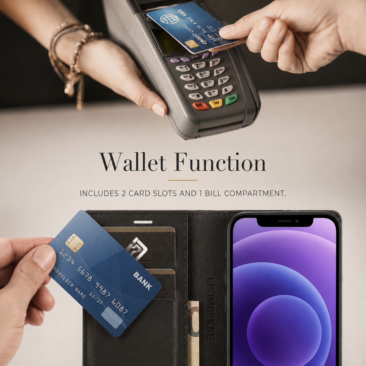 Premium iPhone Case Wallet MagSafe Compatible Carbon Fiber Leather Flip Cover Card Holder Stand Function Camera Lens Protection Shockproof Slim Design