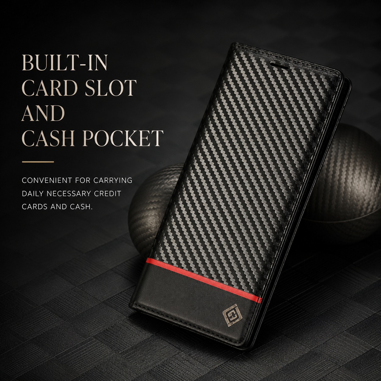 Premium iPhone Case Wallet MagSafe Compatible Carbon Fiber Leather Flip Cover Card Holder Stand Function Camera Lens Protection Shockproof Slim Design