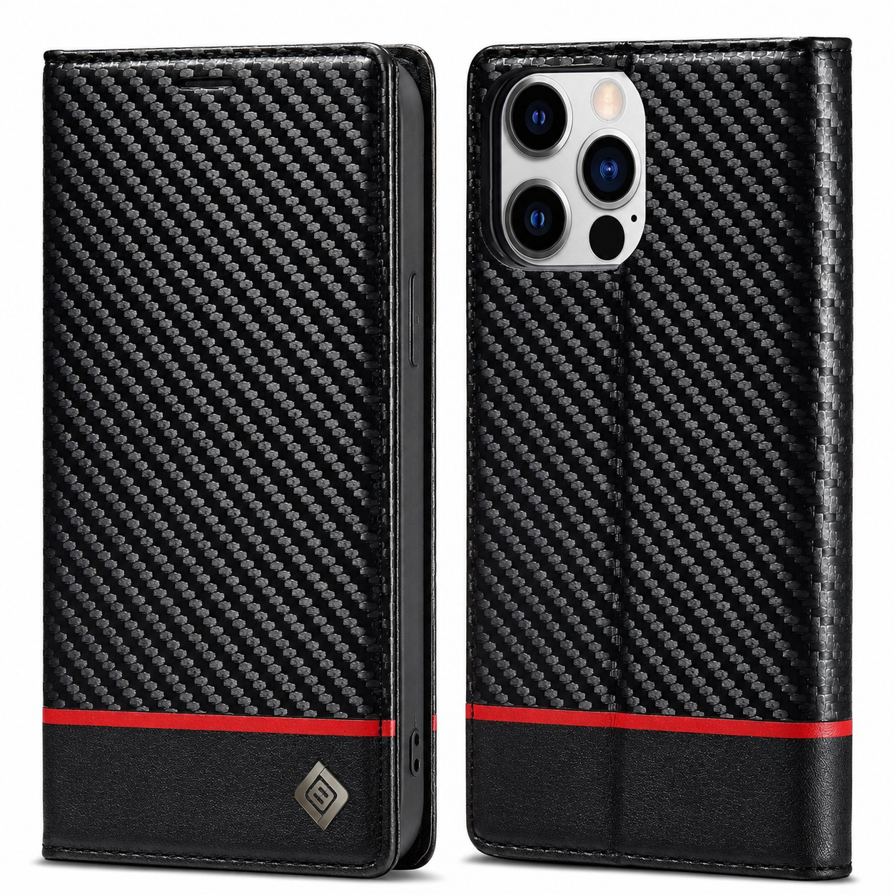 Premium iPhone Case Wallet MagSafe Compatible Carbon Fiber Leather Flip Cover Card Holder Stand Function Camera Lens Protection Shockproof Slim Design