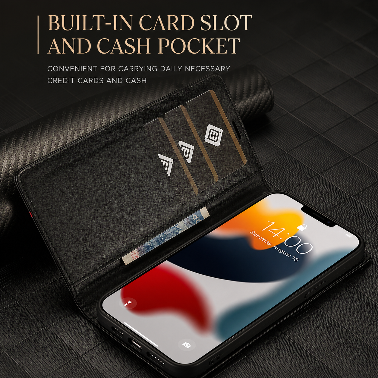 Premium iPhone Case Wallet MagSafe Compatible Carbon Fiber Leather Flip Cover Card Holder Stand Function Camera Lens Protection Shockproof Slim Design
