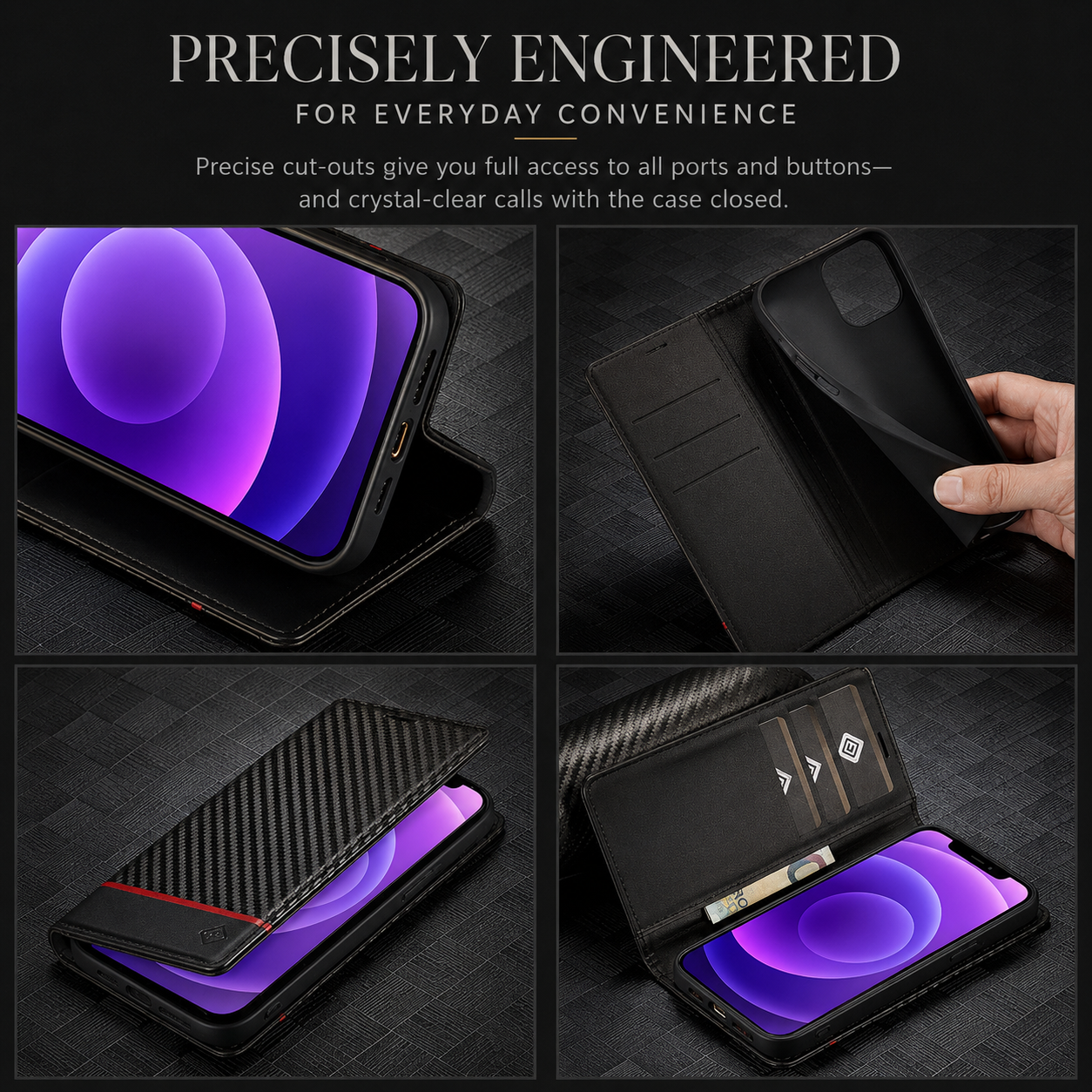 Premium iPhone Case Wallet MagSafe Compatible Carbon Fiber Leather Flip Cover Card Holder Stand Function Camera Lens Protection Shockproof Slim Design