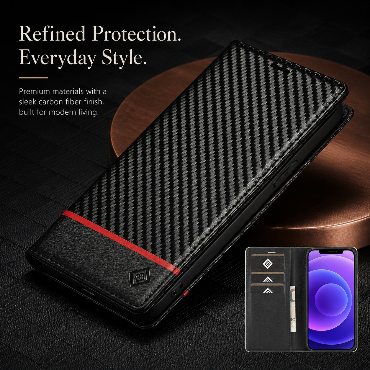 Premium iPhone Case Wallet MagSafe Compatible Carbon Fiber Leather Flip Cover Card Holder Stand Function Camera Lens Protection Shockproof Slim Design