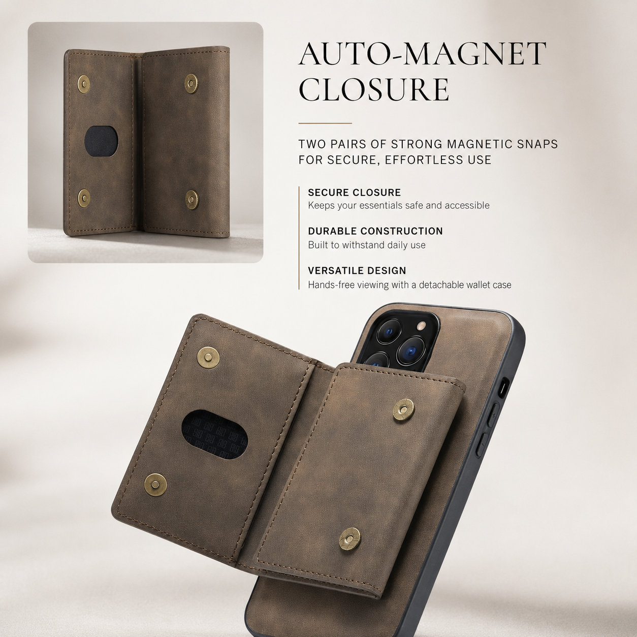 Premium iPhone Case Wallet MagSafe Compatible Detachable Leather Card Holder Magnetic Flip Stand Shockproof Protective Cover Camera Lens Protection Slim Design