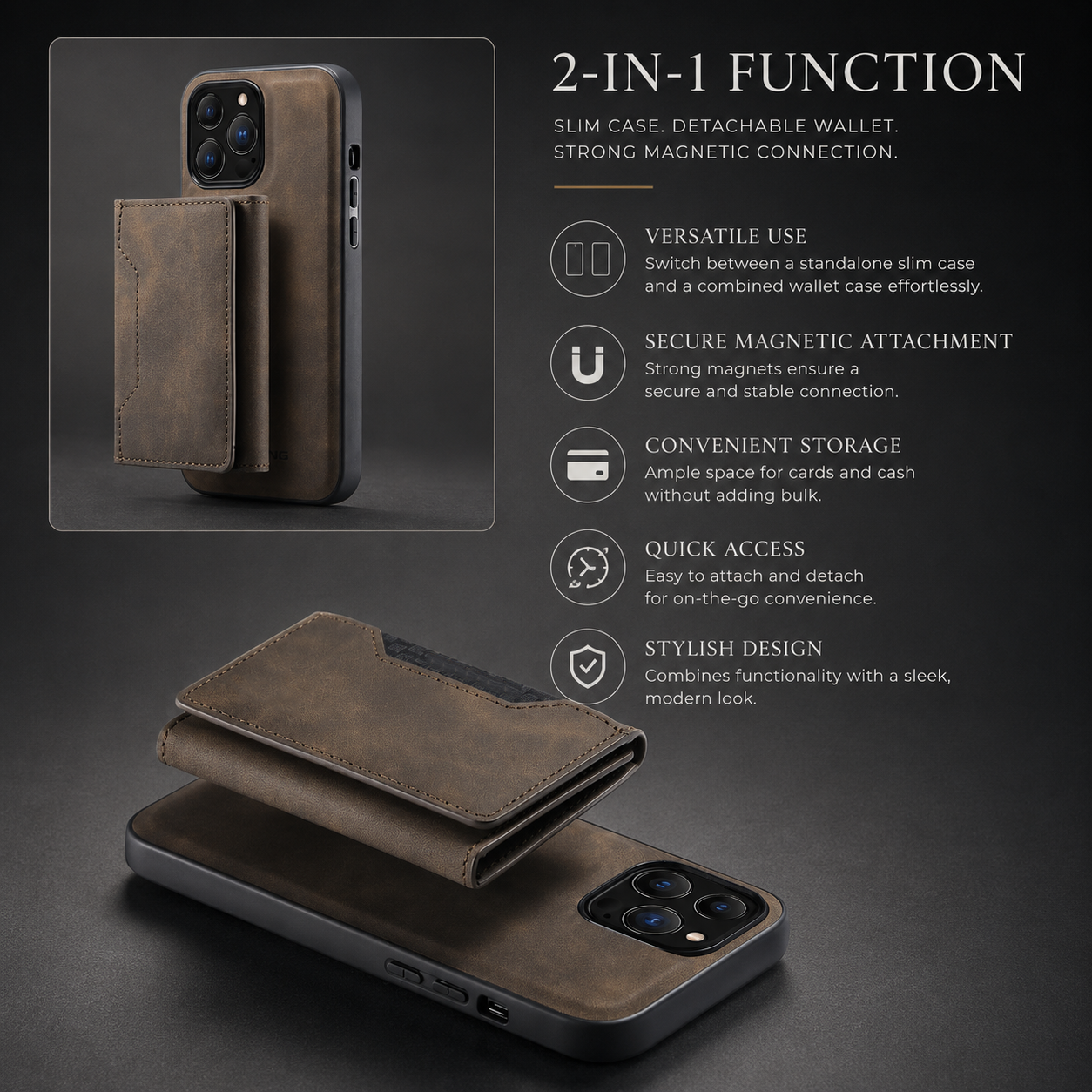 Premium iPhone Case Wallet MagSafe Compatible Detachable Leather Card Holder Magnetic Flip Stand Shockproof Protective Cover Camera Lens Protection Slim Design