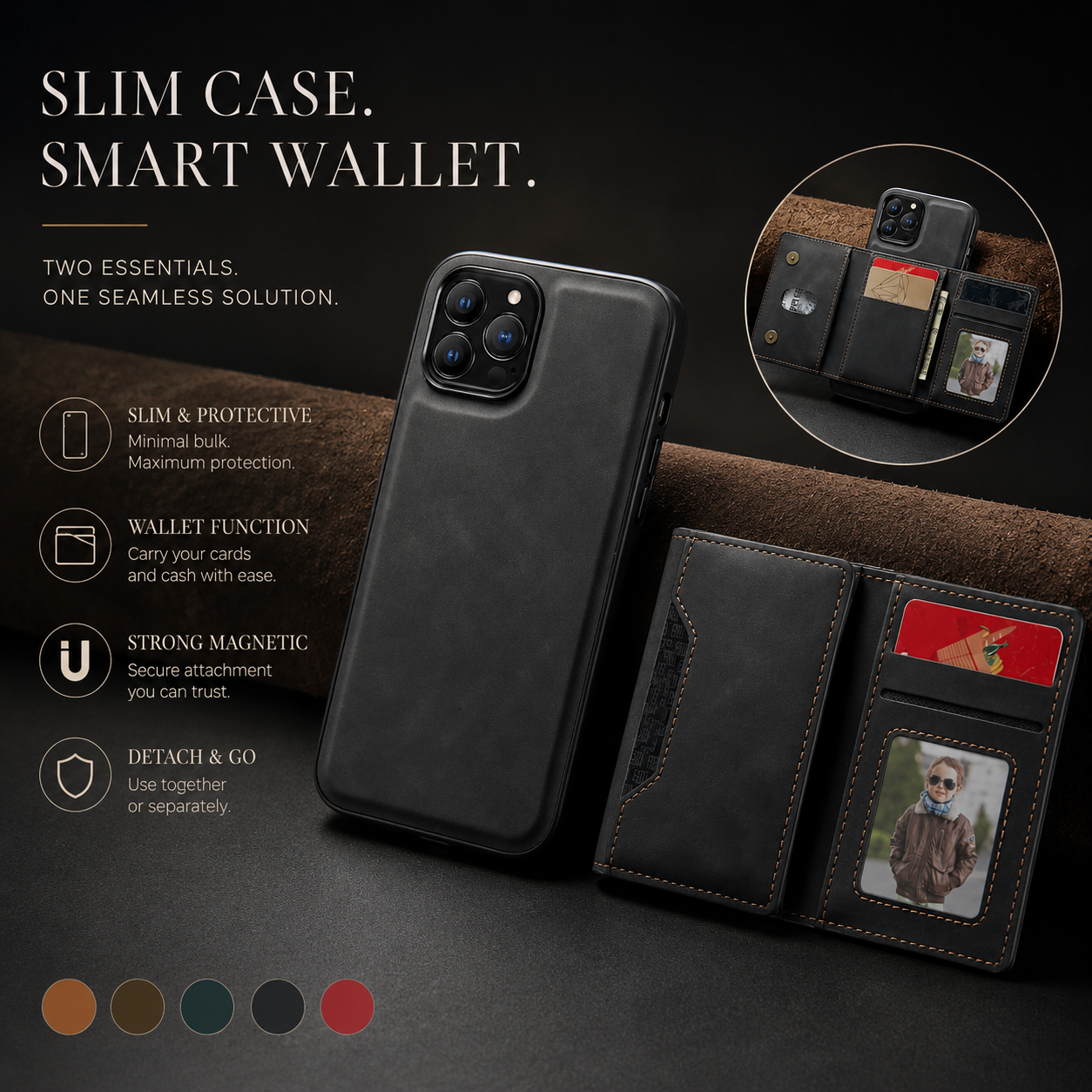 Premium iPhone Case Wallet MagSafe Compatible Detachable Leather Card Holder Magnetic Flip Stand Shockproof Protective Cover Camera Lens Protection Slim Design