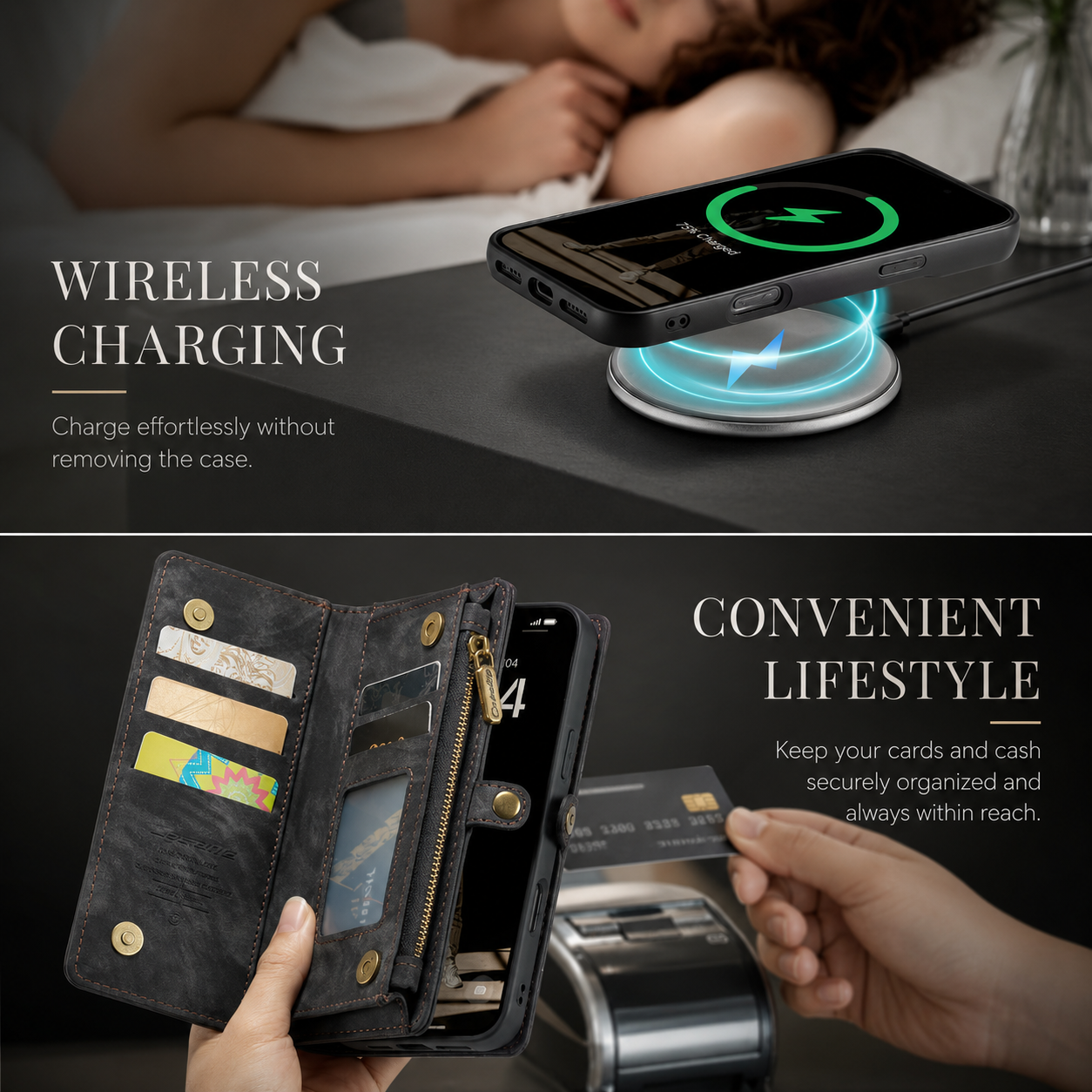 Premium iPhone Case Wallet MagSafe Compatible Detachable Leather Flip Stand Protective Cover Card Holder Camera Lens Protection Shockproof Slim Design