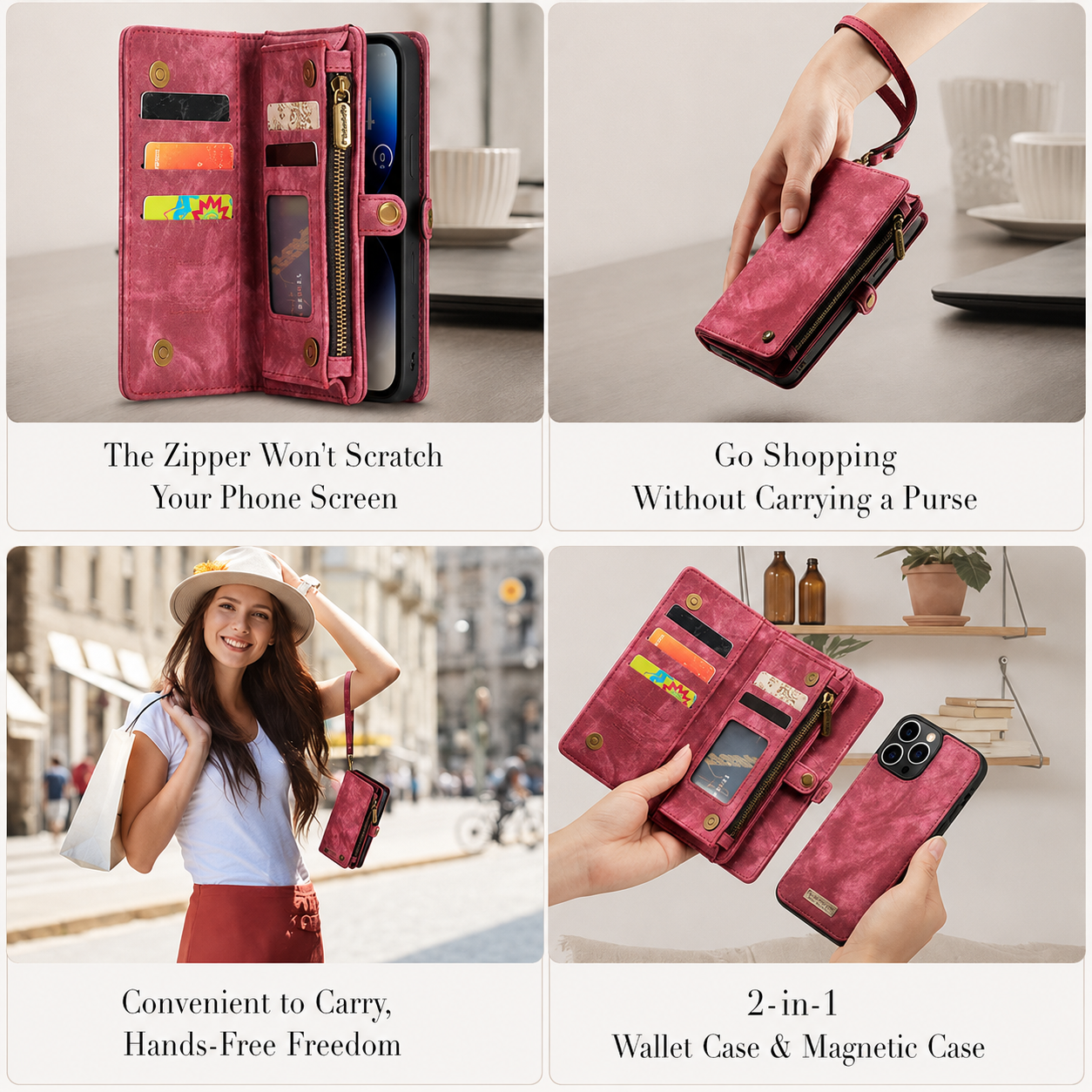 Premium iPhone Case Wallet MagSafe Compatible Detachable Leather Flip Stand Protective Cover Card Holder Camera Lens Protection Shockproof Slim Design