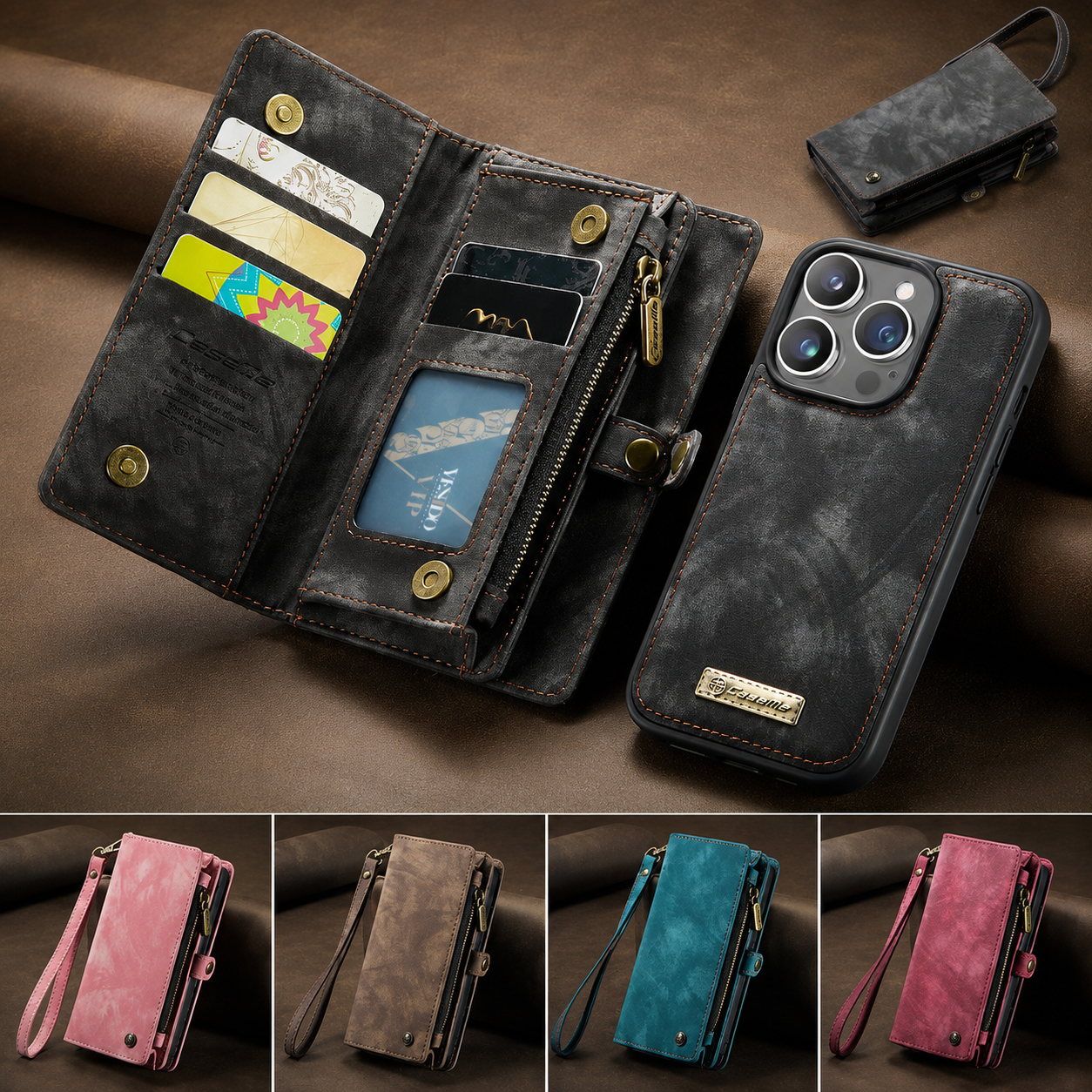 Premium iPhone Case Wallet MagSafe Compatible Detachable Leather Flip Stand Protective Cover Card Holder Camera Lens Protection Shockproof Slim Design