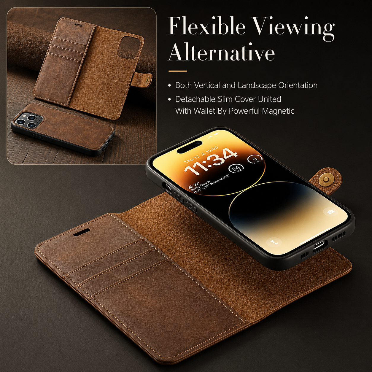 Premium iPhone Case Wallet MagSafe Compatible Detachable Magnetic Leather Protective Cover Card Holder Camera Lens Protection Shockproof Slim Design