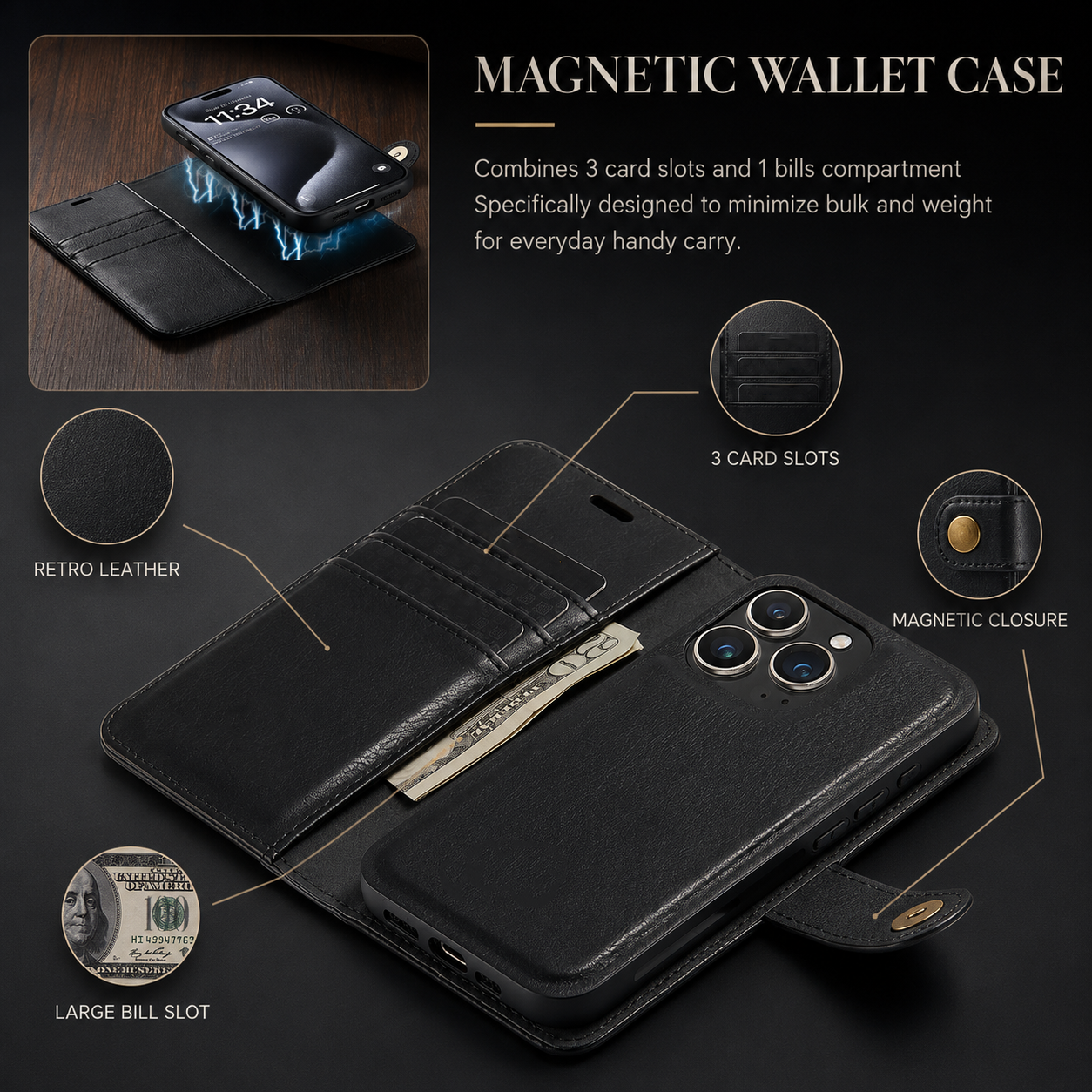 Premium iPhone Case Wallet MagSafe Compatible Detachable Magnetic Leather Protective Cover Card Holder Camera Lens Protection Shockproof Slim Design