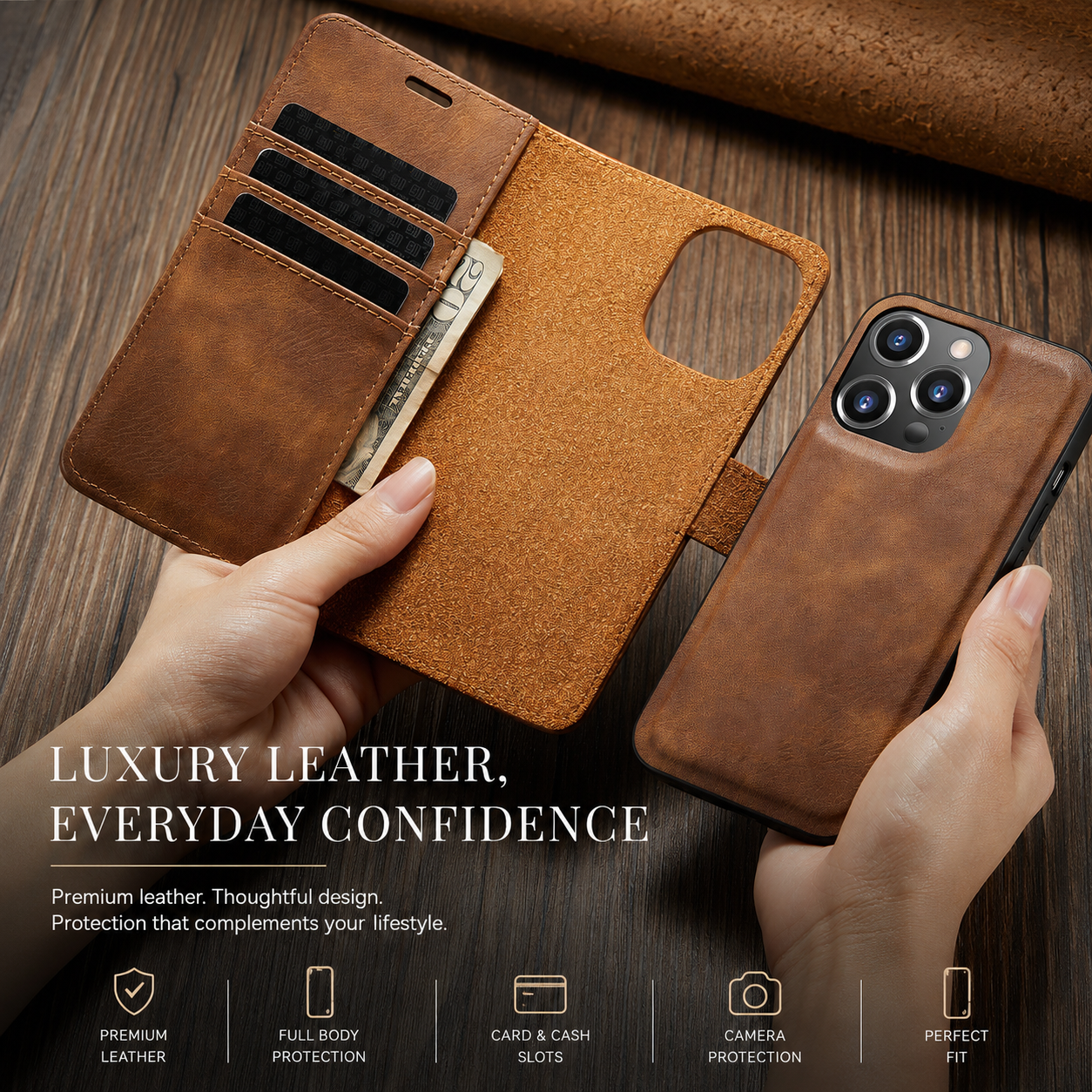 Premium iPhone Case Wallet MagSafe Compatible Detachable Magnetic Leather Protective Cover Card Holder Camera Lens Protection Shockproof Slim Design