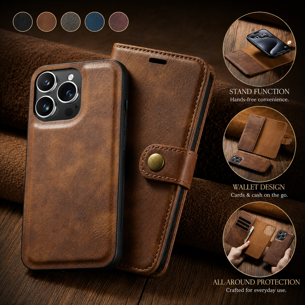 Premium iPhone Case Wallet MagSafe Compatible Detachable Magnetic Leather Protective Cover Card Holder Camera Lens Protection Shockproof Slim Design
