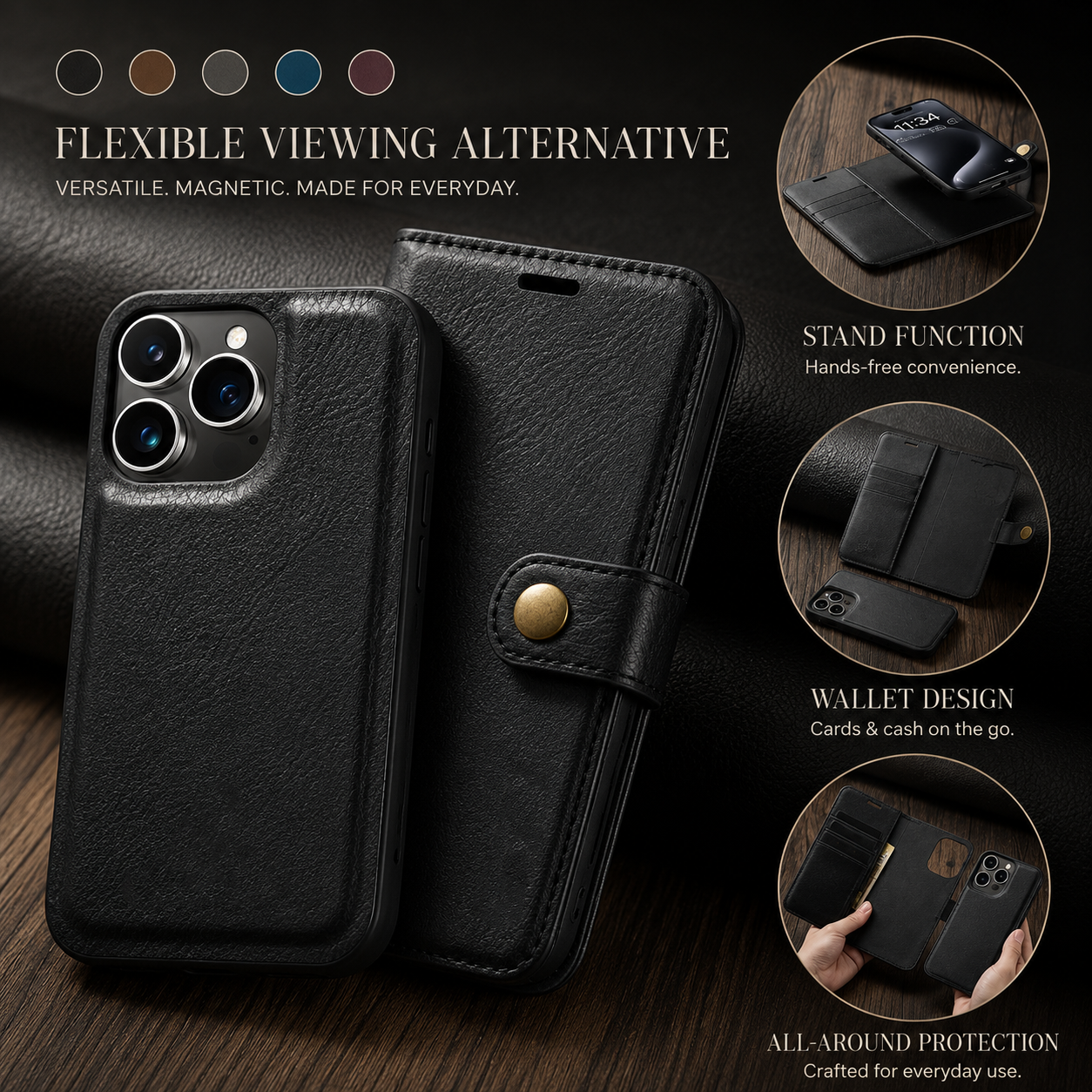 Premium iPhone Case Wallet MagSafe Compatible Detachable Magnetic Leather Protective Cover Card Holder Camera Lens Protection Shockproof Slim Design