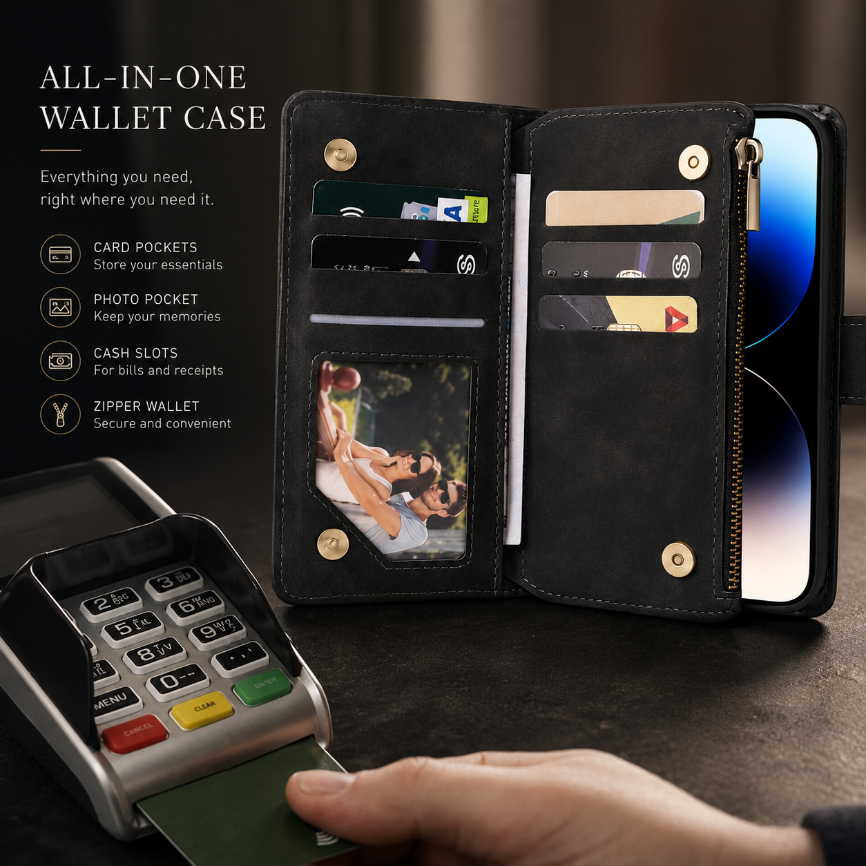 Premium iPhone Case Wallet MagSafe Compatible Leather Card Holder Protective Cover Camera Lens Protection Magnetic Closure Shockproof Slim Design