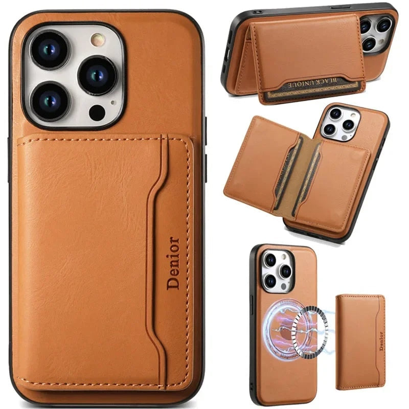 Premium iPhone Case Wallet MagSafe Compatible Leather Card Holder Protective Cover Camera Lens Protection Shockproof Slim Lightweight Design