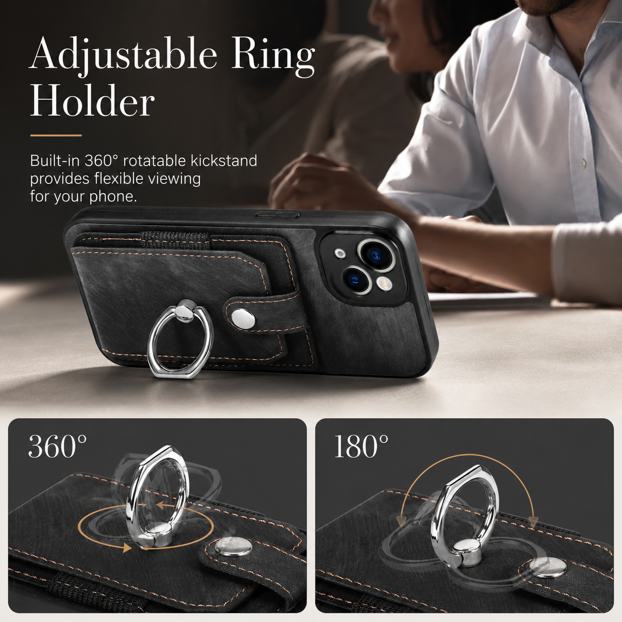 Premium iPhone Case Wallet MagSafe Compatible Leather Card Holder Ring Stand Protective Cover Camera Lens Protection Shockproof Slim Design