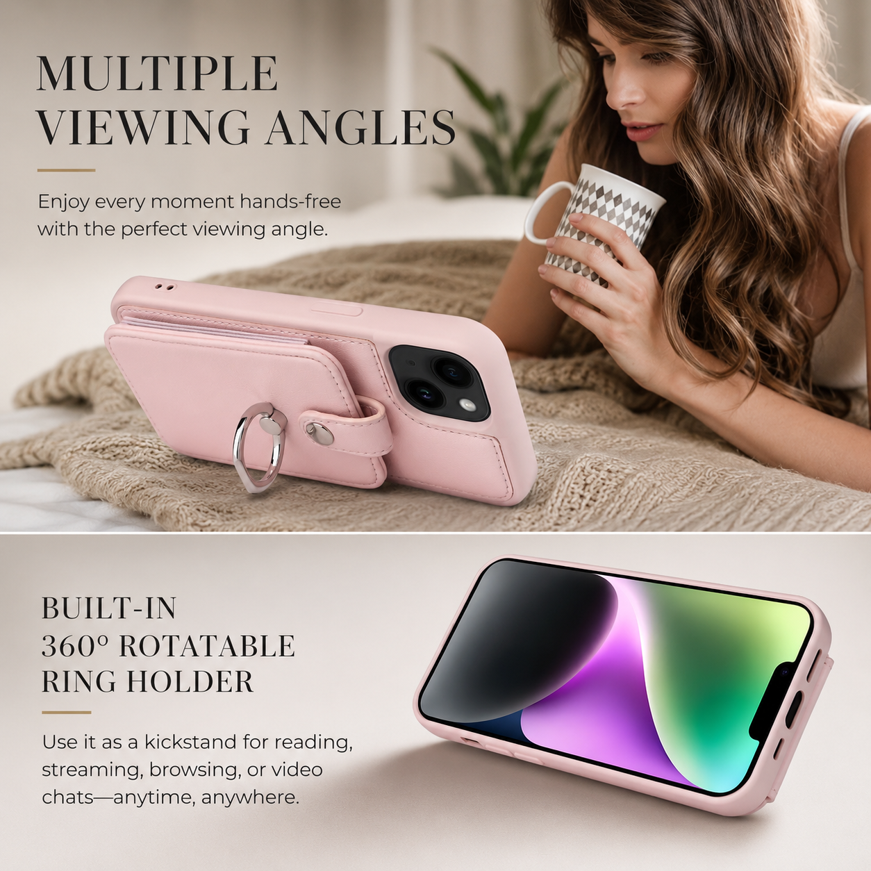 Premium iPhone Case Wallet MagSafe Compatible Leather Card Holder Ring Stand Protective Cover Camera Lens Protection Shockproof Slim Design