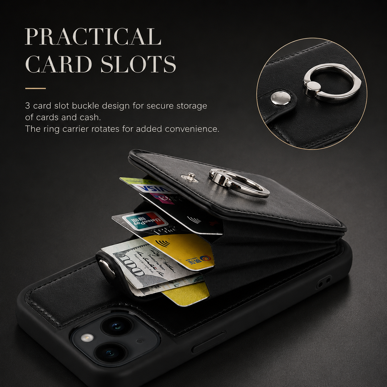 Premium iPhone Case Wallet MagSafe Compatible Leather Card Holder Ring Stand Protective Cover Camera Lens Protection Shockproof Slim Design