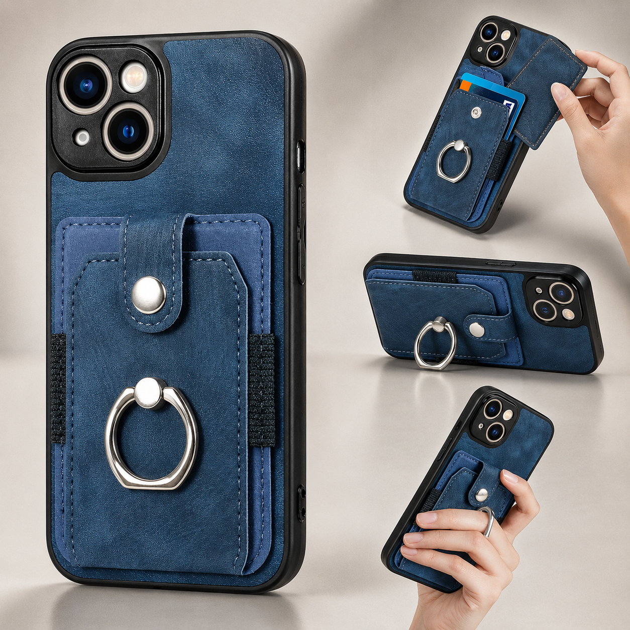 Premium iPhone Case Wallet MagSafe Compatible Leather Card Holder Ring Stand Protective Cover Camera Lens Protection Shockproof Slim Design