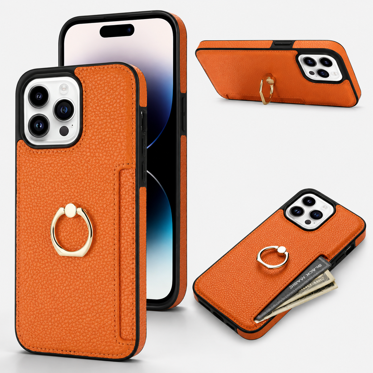 Premium iPhone Case Wallet MagSafe Compatible Leather Card Holder Ring Stand Shockproof Protective Cover Camera Lens Guard Wireless Charging