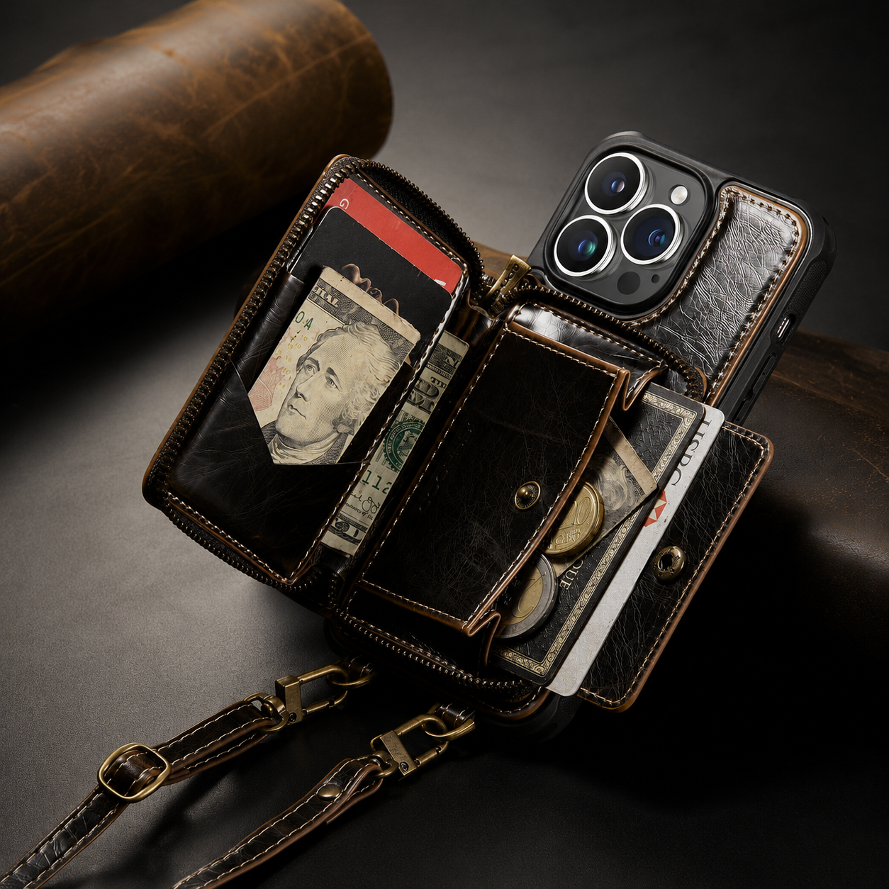 Premium iPhone Case Wallet MagSafe Compatible Magnetic Crossbody Cover Card Holder Strap Stand Function Camera Lens Protection Shockproof Slim Design
