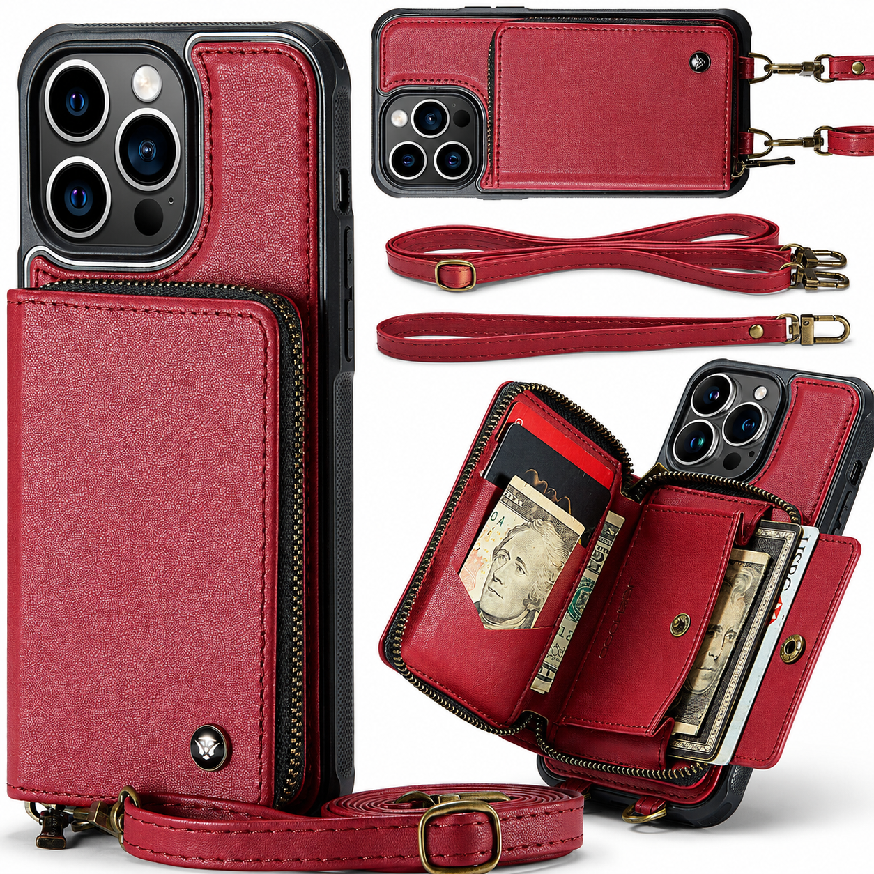 Premium iPhone Case Wallet MagSafe Compatible Magnetic Crossbody Cover Card Holder Strap Stand Function Camera Lens Protection Shockproof Slim Design