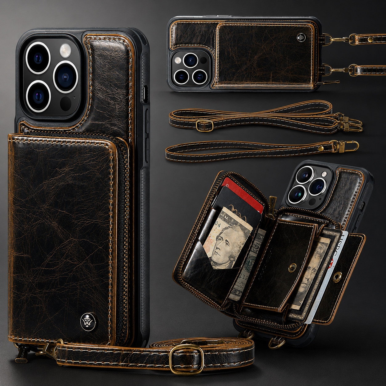 Premium iPhone Case Wallet MagSafe Compatible Magnetic Crossbody Cover Card Holder Strap Stand Function Camera Lens Protection Shockproof Slim Design