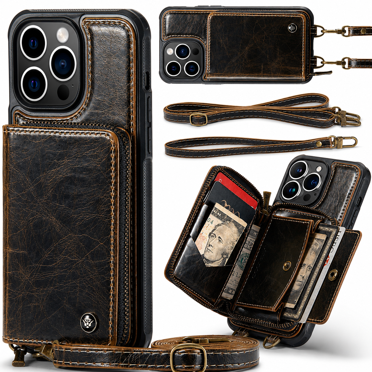Premium iPhone Case Wallet MagSafe Compatible Magnetic Crossbody Cover Card Holder Strap Stand Function Camera Lens Protection Shockproof Slim Design