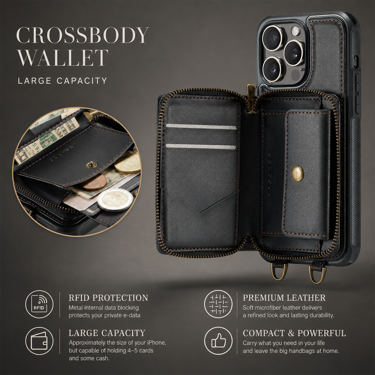 Premium iPhone Case Wallet MagSafe Compatible Magnetic Crossbody Cover Card Holder Strap Stand Function Camera Lens Protection Shockproof Slim Design