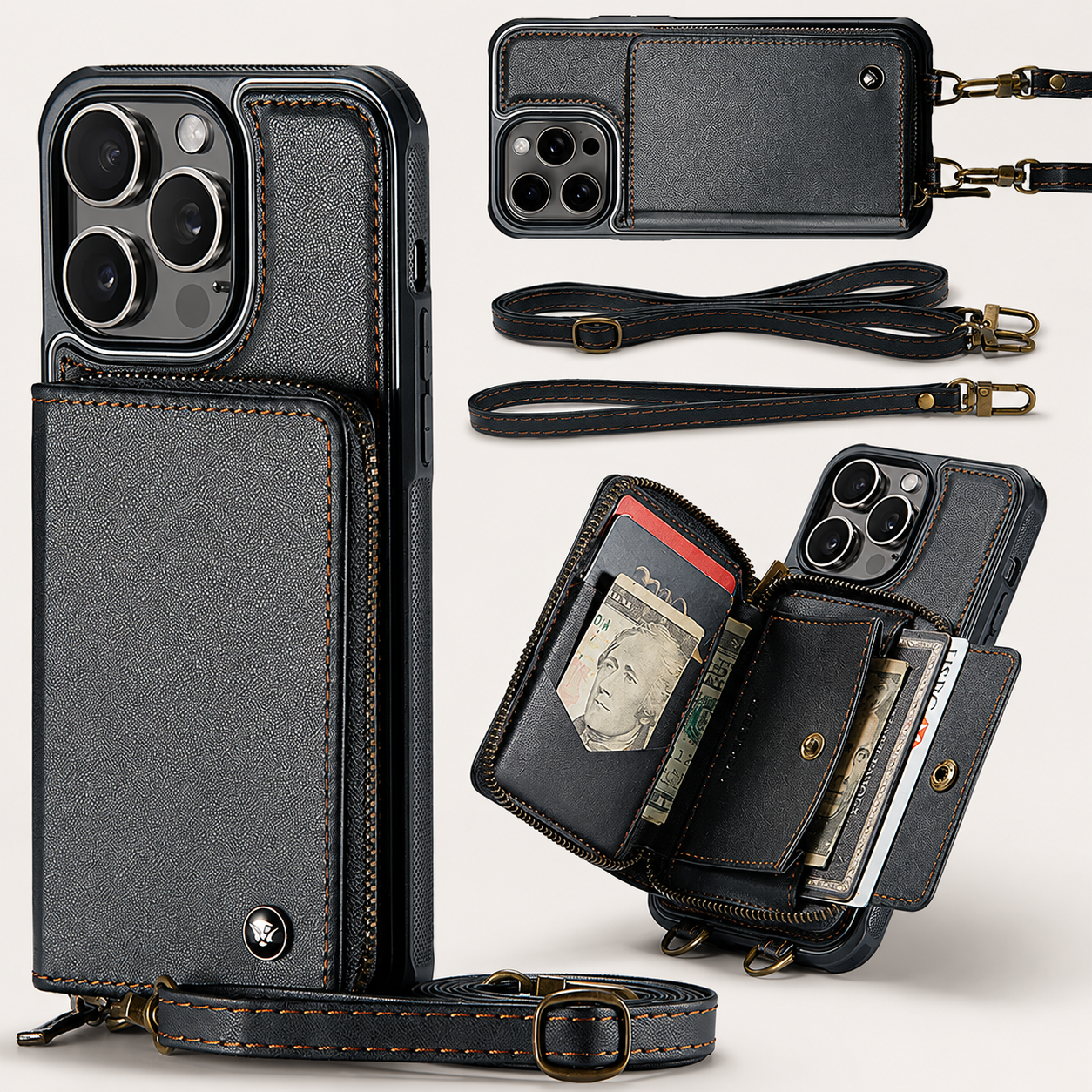 Premium iPhone Case Wallet MagSafe Compatible Magnetic Crossbody Cover Card Holder Strap Stand Function Camera Lens Protection Shockproof Slim Design