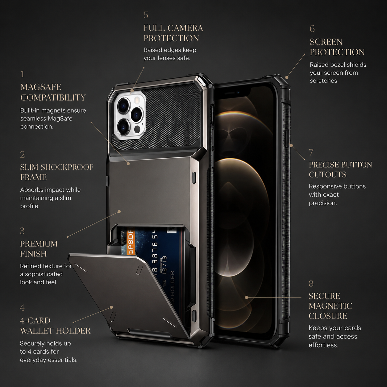 Premium iPhone Case Wallet MagSafe Compatible Magnetic Protective Cover 4 Card Holder Camera Lens Protection Shockproof Slim Design