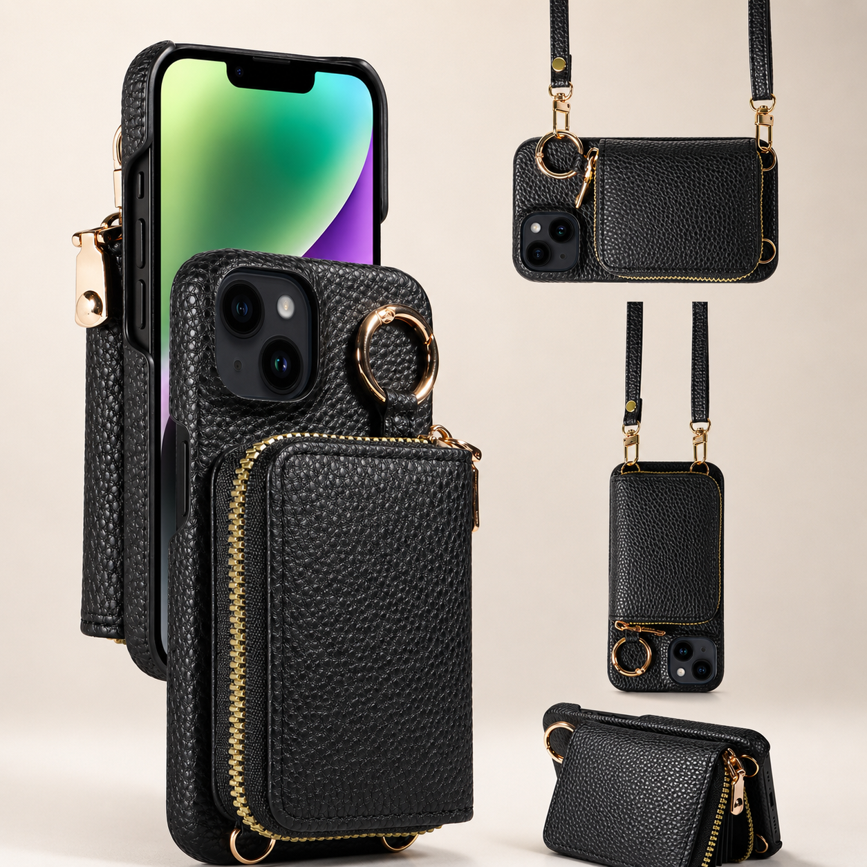 Premium iPhone Case Zipper Wallet Crossbody Cover Card Holder Camera Lens Protection Magnetic Closure Shockproof Full Protection Slim Design