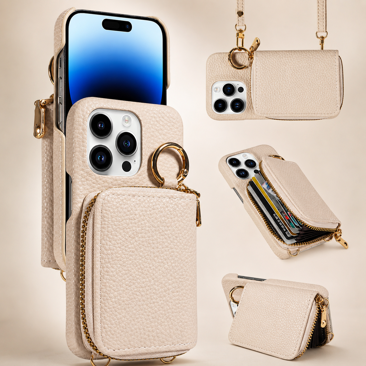Premium iPhone Case Zipper Wallet Crossbody Cover Card Holder Camera Lens Protection Magnetic Closure Shockproof Full Protection Slim Design