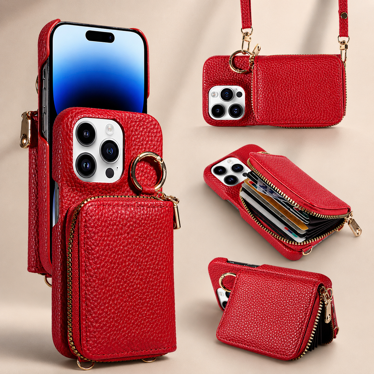 Premium iPhone Case Zipper Wallet Crossbody Cover Card Holder Camera Lens Protection Magnetic Closure Shockproof Full Protection Slim Design