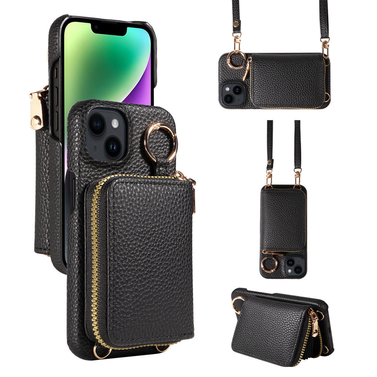 Premium iPhone Case Zipper Wallet Crossbody Cover Card Holder Camera Lens Protection Magnetic Closure Shockproof Full Protection Slim Design