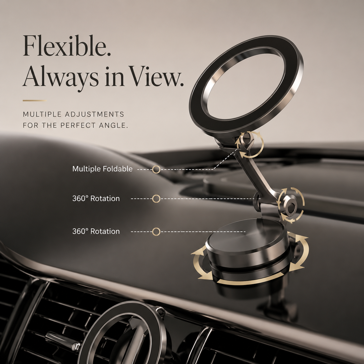 Premium iPhone MagSafe Car Mount Magnetic Phone Holder 360 Rotation Dashboard Stand Zinc Alloy Construction Strong Grip Viewing Support Design