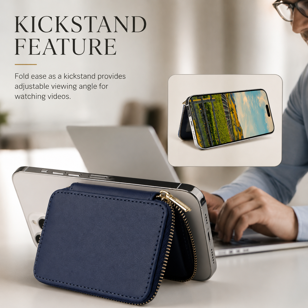 Premium iPhone MagSafe Compatible Leather Wallet RFID Blocking Magnetic Card Holder Secure Storage Anti Scratch Non Slip Lanyard Travel Support