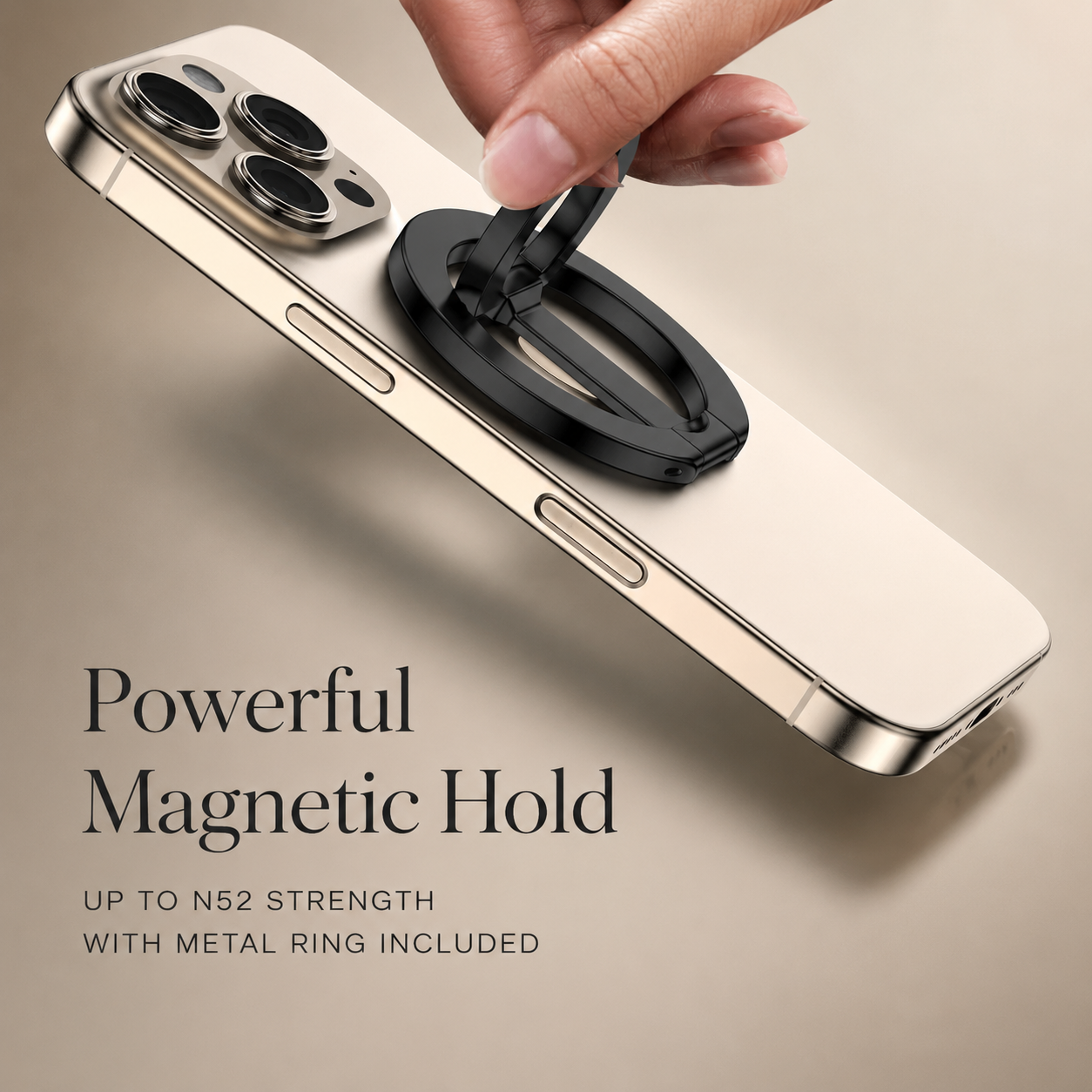 Premium iPhone MagSafe Compatible Magnetic Ring Holder Phone Grip Stand Dual Magnet Support Secure Finger Loop Portable Design Travel Accessory Mount