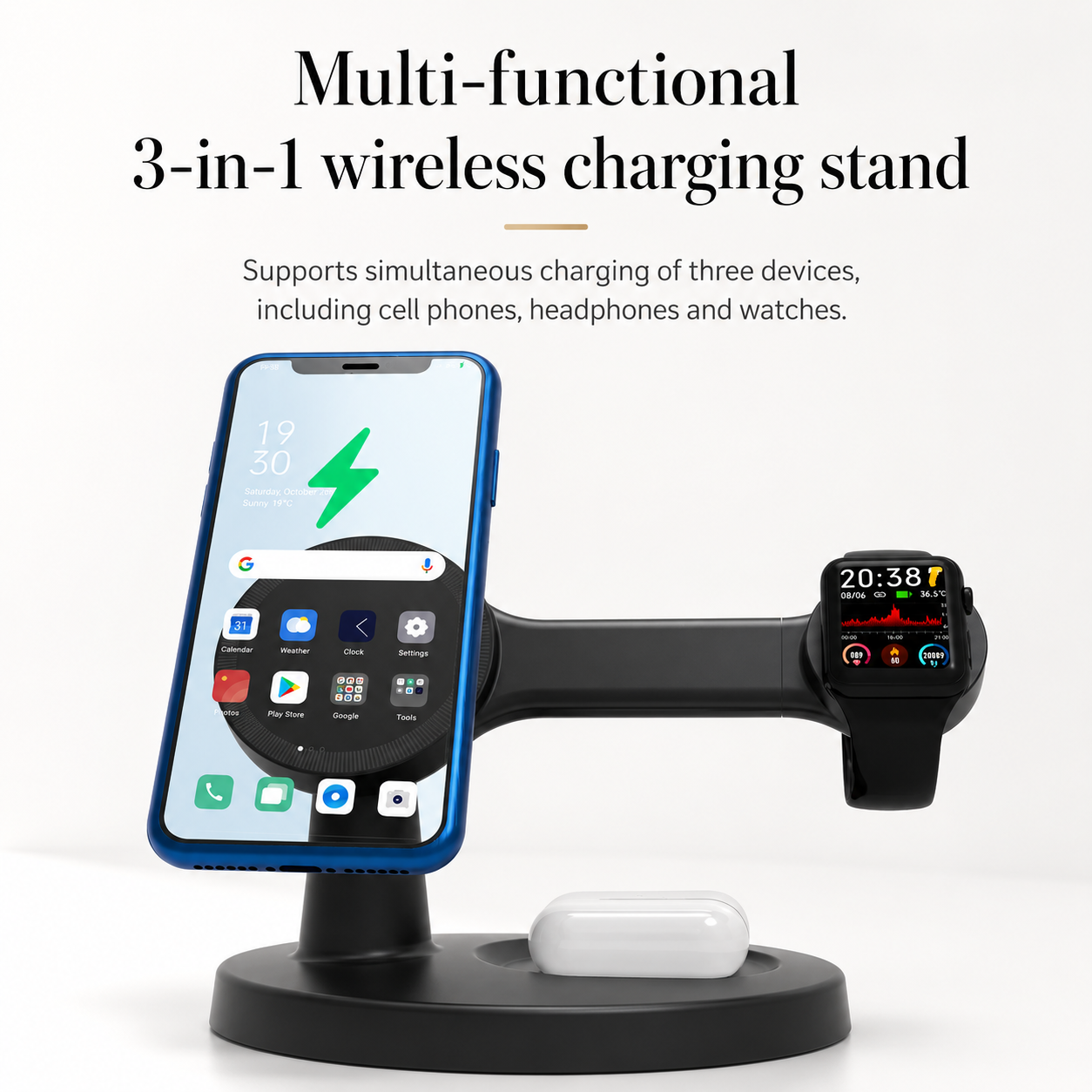 Premium iPhone MagSafe Wireless Charger 3 in 1 Magnetic Charging Station Fast Power Stand Watch Earbuds Type C Input Desktop Organizer Dock Holder