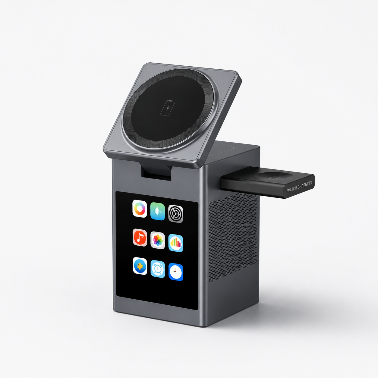Premium iPhone Magnetic Wireless Charging Station 15W Fast Charger LED Display Bluetooth Speaker Alarm Clock Desktop Stand Bedside Organizer Docking