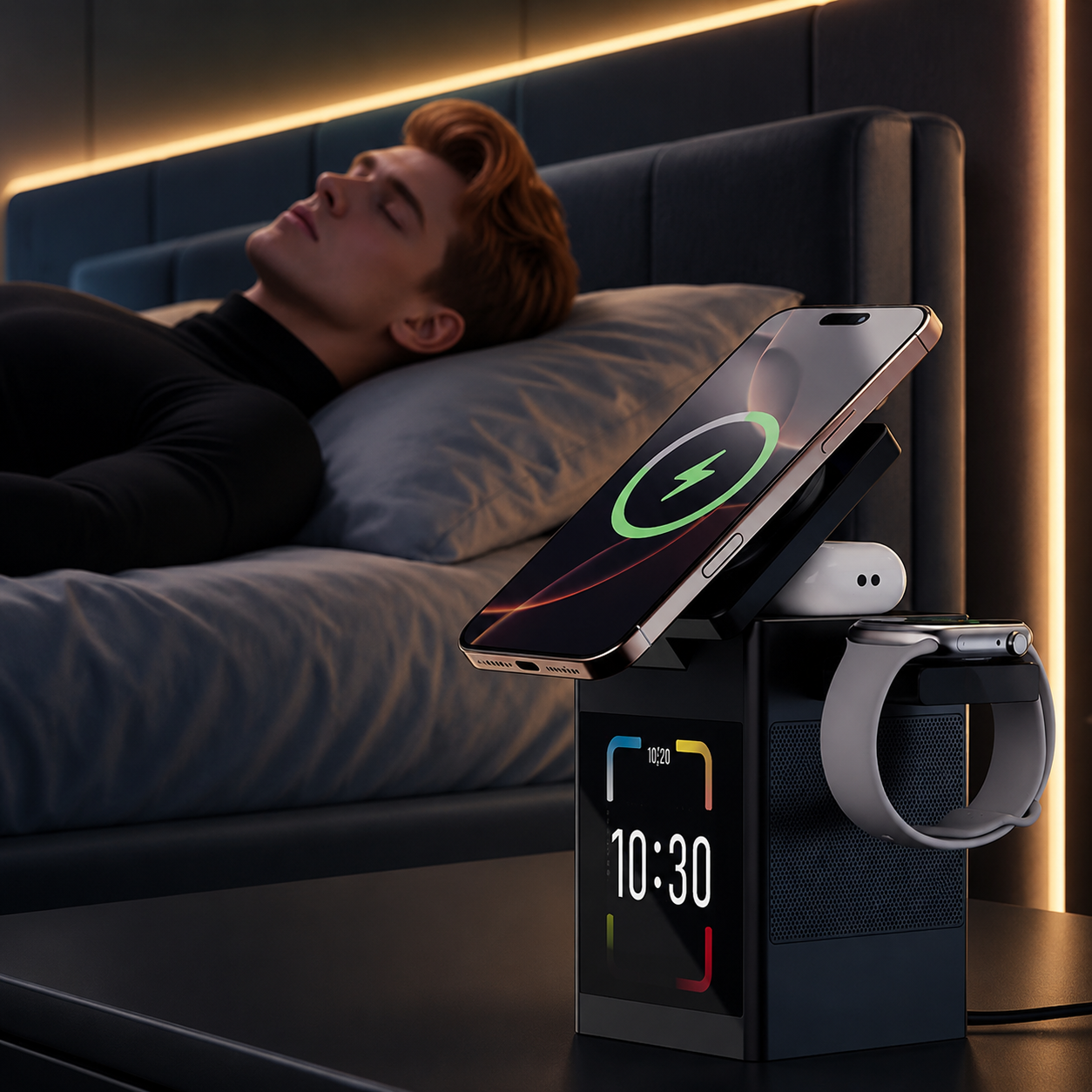 Premium iPhone Magnetic Wireless Charging Station 15W Fast Charger LED Display Bluetooth Speaker Alarm Clock Desktop Stand Bedside Organizer Docking