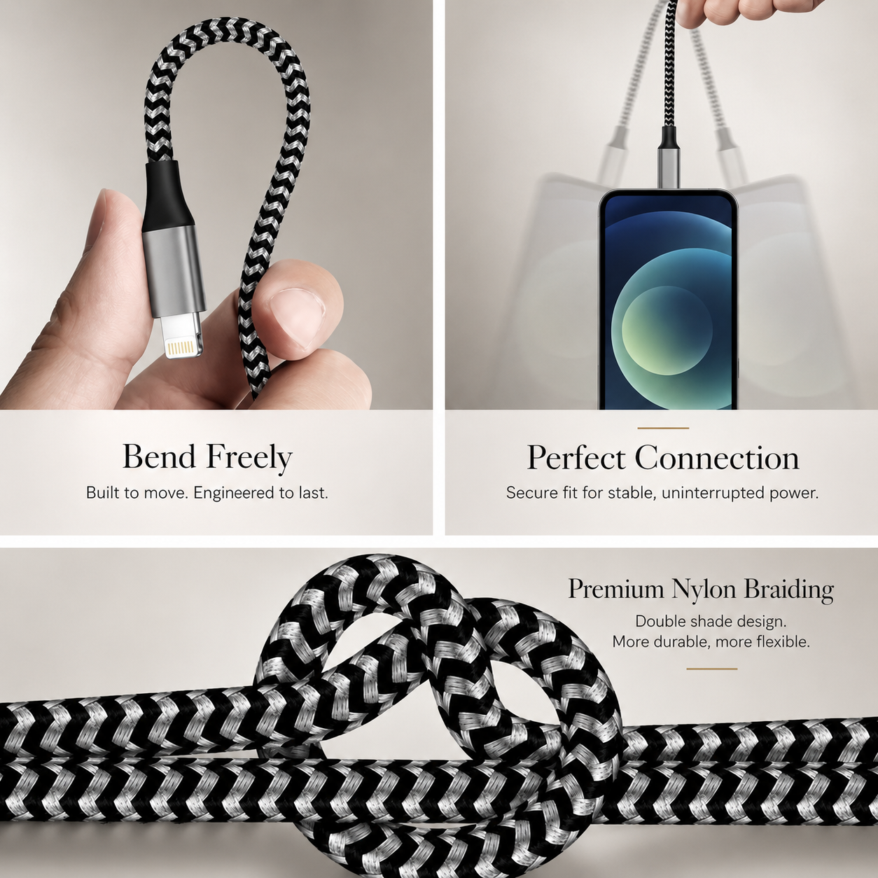 Premium iPhone USB A to Lightning Charging Cable Fast Charge Nylon Braided Data Sync Cord 12W 2.4A Durable Tangle Resistant Portable Connector
