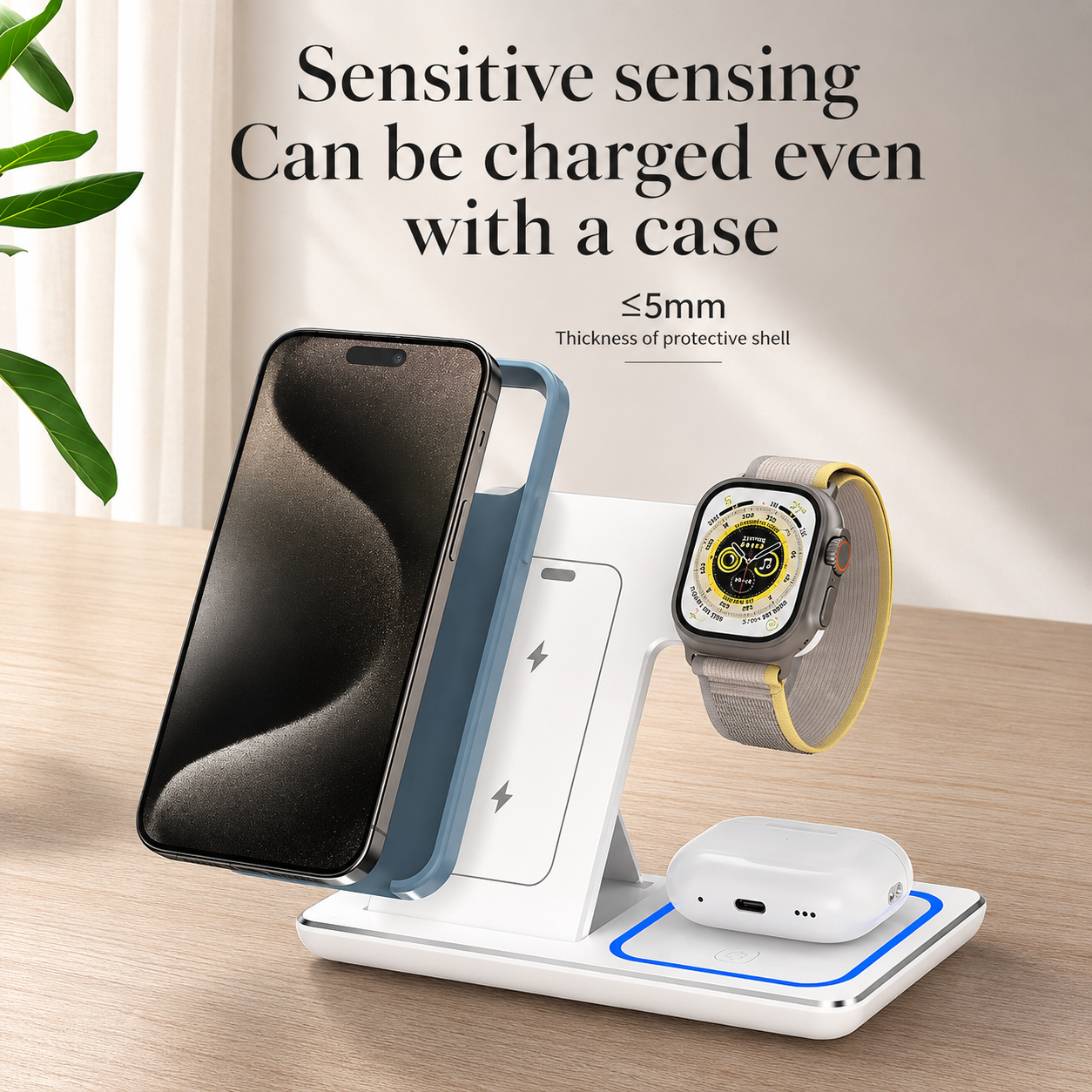 Premium iPhone Wireless Charger 3 in 1 Foldable Charging Station Fast Charging Stand Watch Earbuds LED Indicator Travel Friendly Desktop Organizer